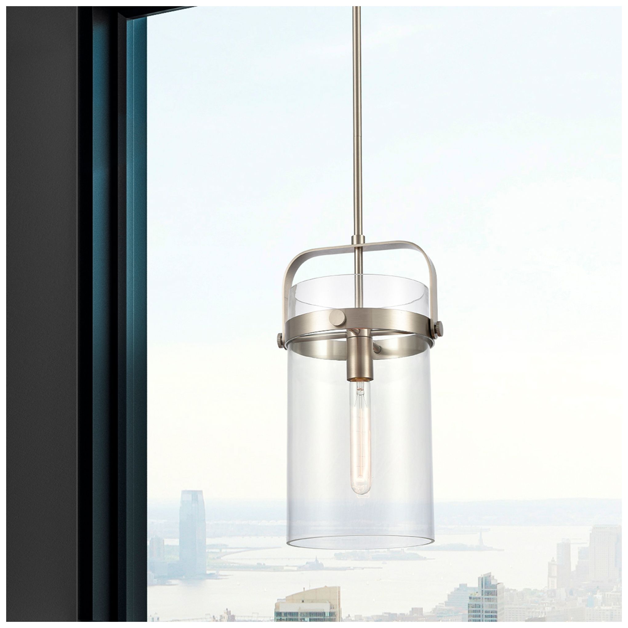 Image 2 Pilaster 9.38" Wide Stem Hung Satin Nickel Pendant With Clear Shade more views