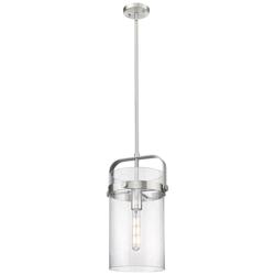 Pilaster 9.38&quot; Wide Stem Hung Satin Nickel Pendant With Seedy Shade