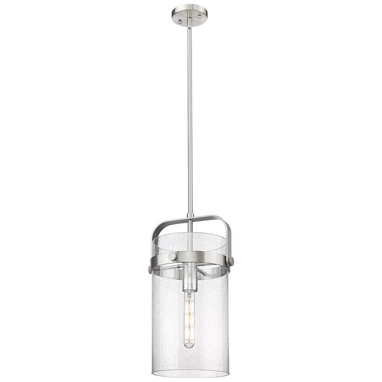 Image 1 Pilaster 9.38" Wide Stem Hung Satin Nickel Pendant With Seedy Shade