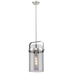Pilaster 9.38&quot; Wide Stem Hung Satin Nickel Pendant With Smoke Shade