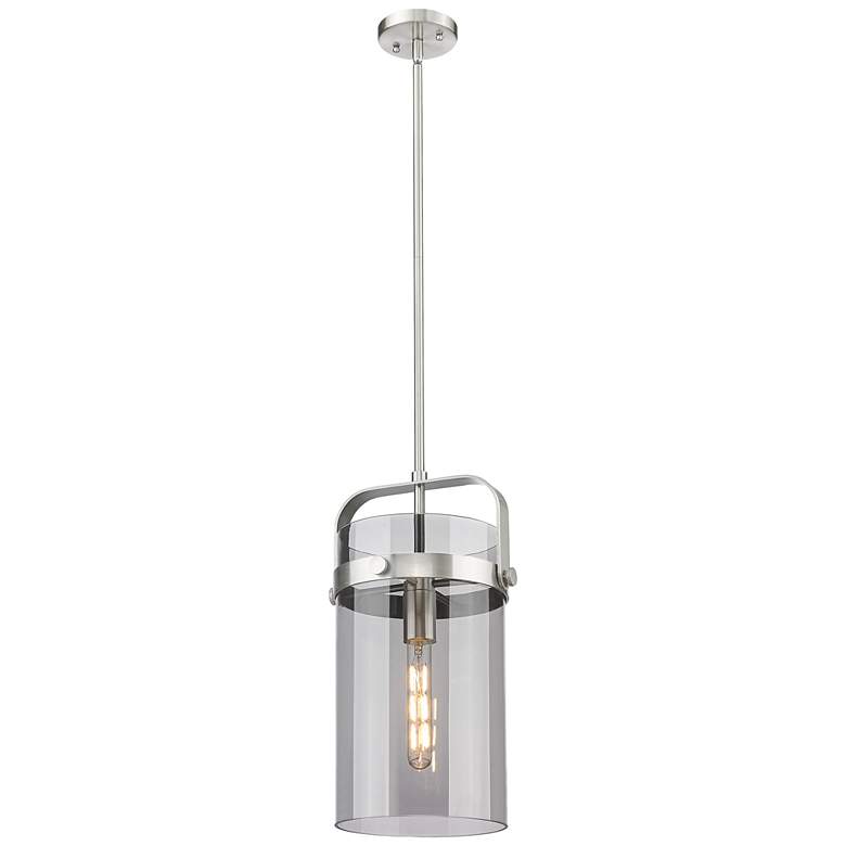 Image 1 Pilaster 9.38 inch Wide Stem Hung Satin Nickel Pendant With Smoke Shade