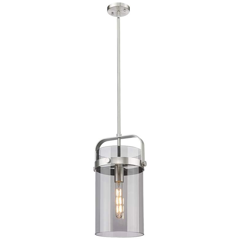 Image 1 Pilaster 9.38" Wide Stem Hung Satin Nickel Pendant With Smoke Shade