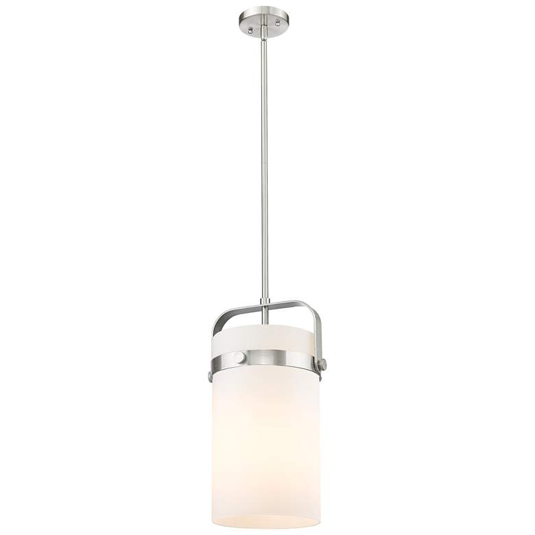 Image 1 Pilaster 9.38" Wide Stem Hung Satin Nickel Pendant With White Shade