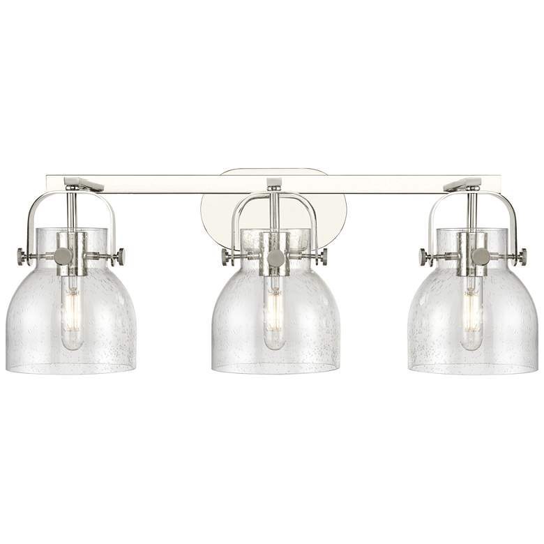 Image 1 Pilaster II Bell 26.5"W 3 Light Polished Nickel Bath Light w/ Seedy Sh