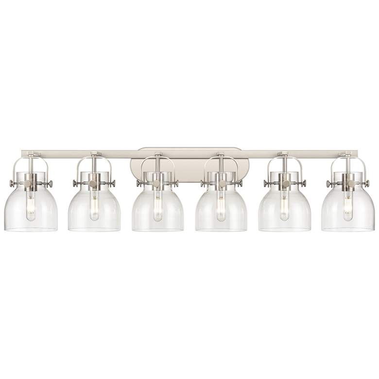 Image 1 Pilaster II Bell 45.5" Wide 6 Light Satin Nickel Bath Light w/ Clear S