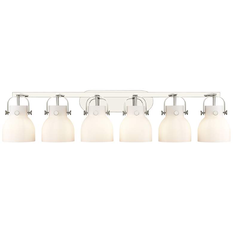 Image 1 Pilaster II Bell 45.5"W 6 Light Polished Nickel Bath Light w/ White Sh
