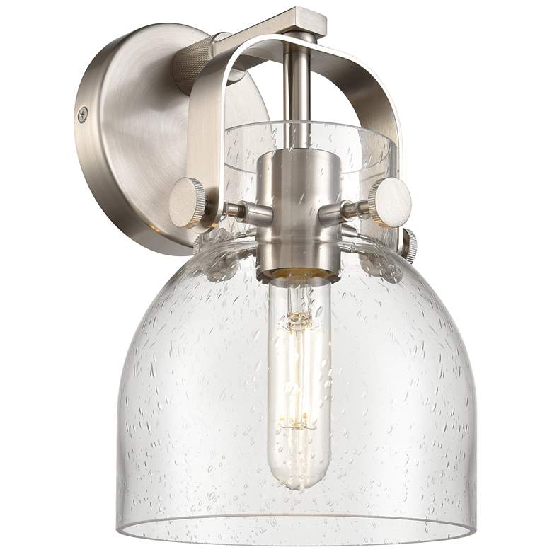 Image 1 Pilaster II Bell 9.75" High Satin Nickel Sconce With Seedy Shade
