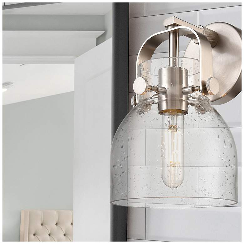 Image 3 Pilaster II Bell 9.75" High Satin Nickel Sconce With Seedy Shade more views
