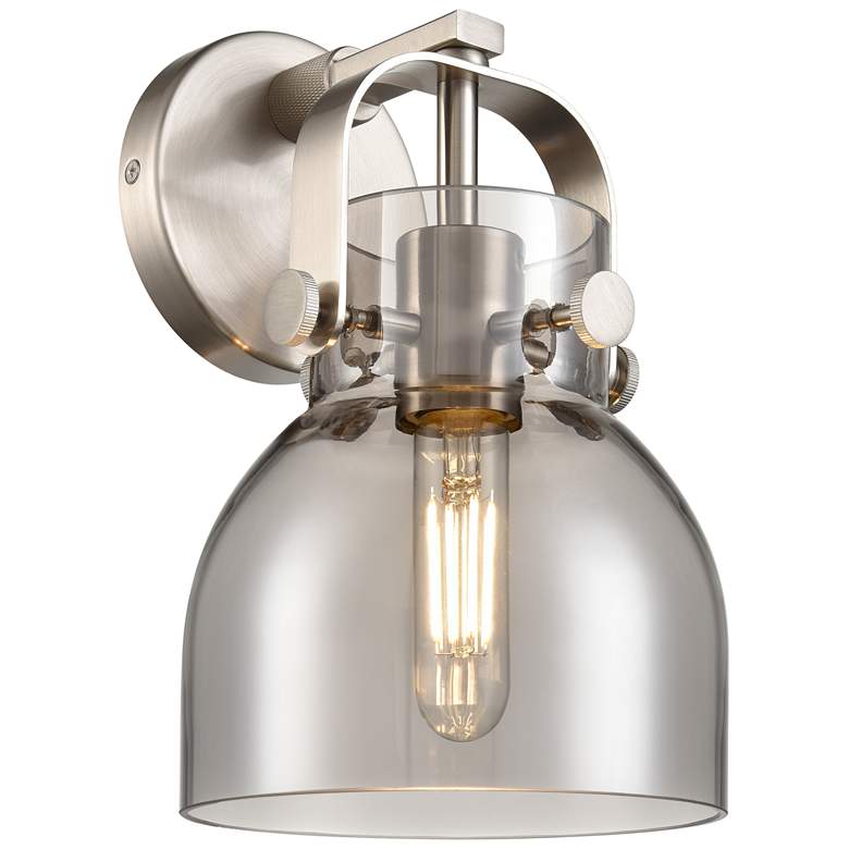 Image 1 Pilaster II Bell 9.75" High Satin Nickel Sconce With Smoke Shade