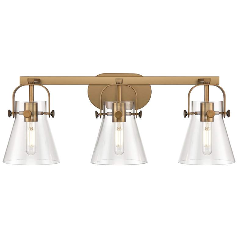 Image 1 Pilaster II Cone 26.5" Wide 3 Light Brushed Brass Bath Light w/ Clear