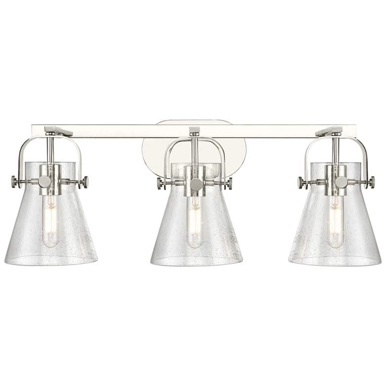 Image 1 Pilaster II Cone 26.5"W 3 Light Polished Nickel Bath Light w/ Seedy Sh