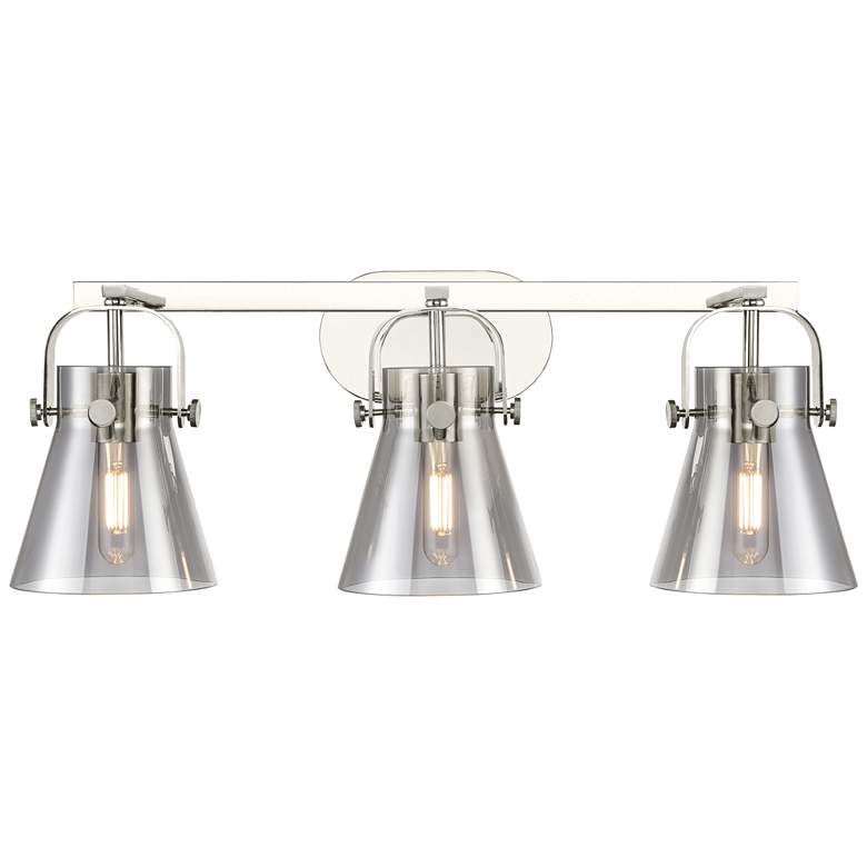 Image 1 Pilaster II Cone 26.5"W 3 Light Polished Nickel Bath Light w/ Smoke Sh