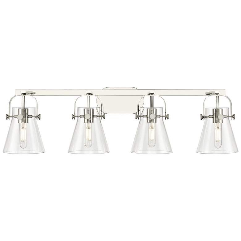 Image 1 Pilaster II Cone 36.5"W 4 Light Polished Nickel Bath Light w/ Clear Sh