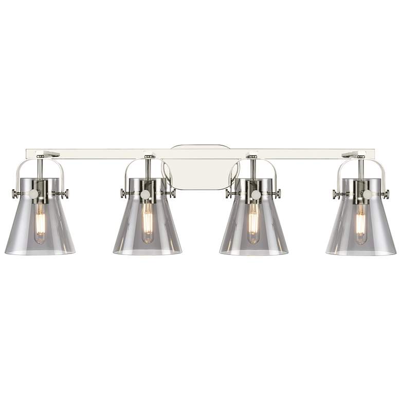 Image 1 Pilaster II Cone 36.5"W 4 Light Polished Nickel Bath Light w/ Smoke Sh