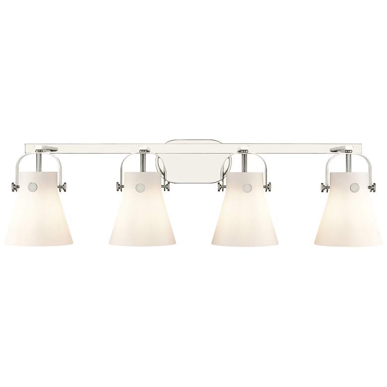 Image 1 Pilaster II Cone 36.5"W 4 Light Polished Nickel Bath Light w/ White Sh