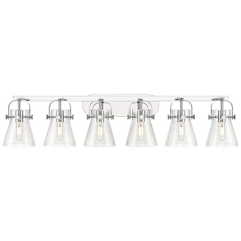 Image 1 Pilaster II Cone 45.5" Wide 6 Light Chrome Bath Light w/ Seedy Shade
