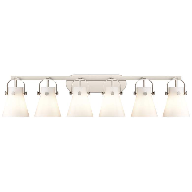Image 1 Pilaster II Cone 45.5" Wide 6 Light Satin Nickel Bath Light w/ White S