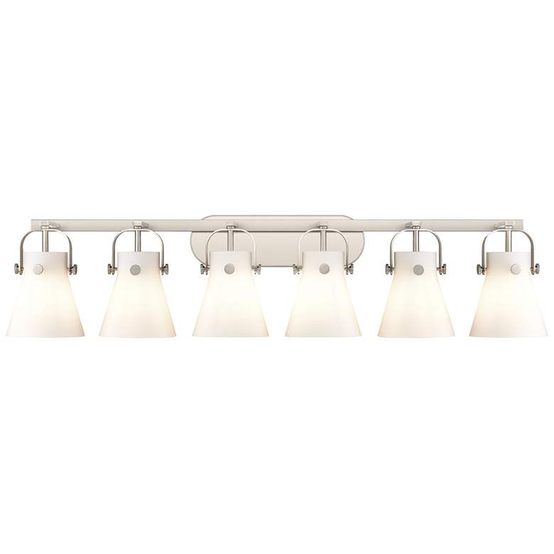 Image 1 Pilaster II Cone 45.5 inch Wide 6 Light Satin Nickel Bath Light w/ White S