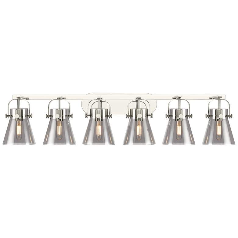 Image 1 Pilaster II Cone 45.5"W 6 Light Polished Nickel Bath Light w/ Smoke Sh