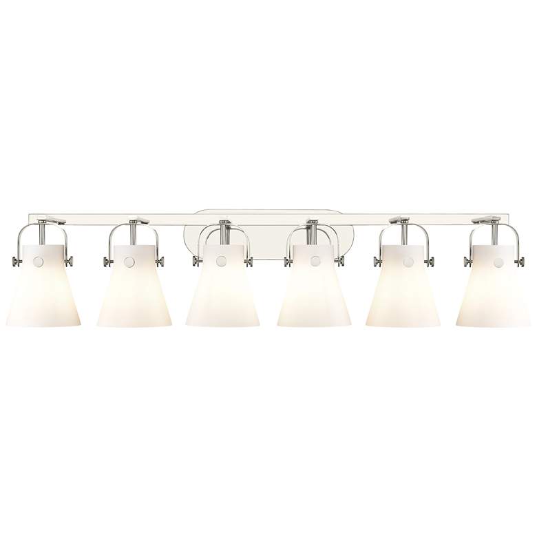 Image 1 Pilaster II Cone 45.5"W 6 Light Polished Nickel Bath Light w/ White Sh