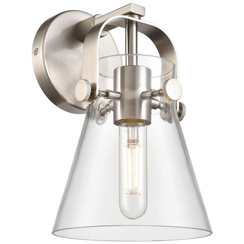 Image 1 Pilaster II Cone 9.75" High Satin Nickel Sconce With Clear Shade
