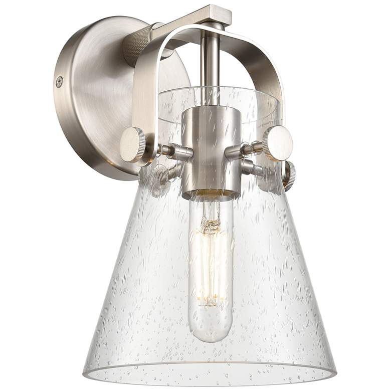 Image 1 Pilaster II Cone 9.75 inch High Satin Nickel Sconce With Seedy Shade