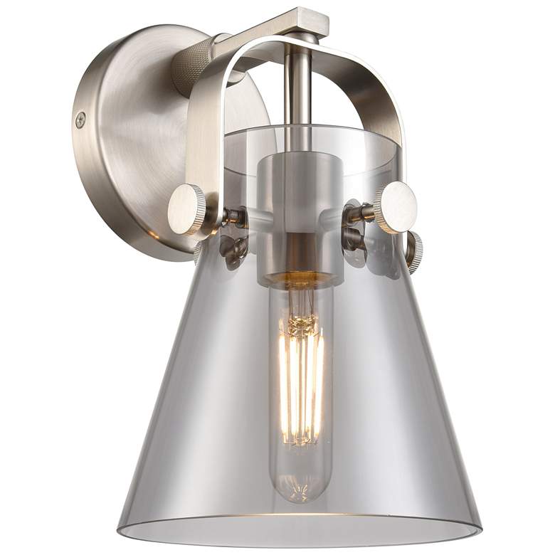Image 1 Pilaster II Cone 9.75" High Satin Nickel Sconce With Smoke Shade