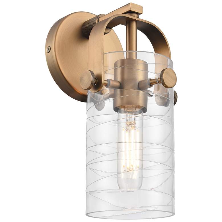 Image 1 Pilaster II Cylinder 10.5" High Brushed Brass Sconce With Deco Swirl S