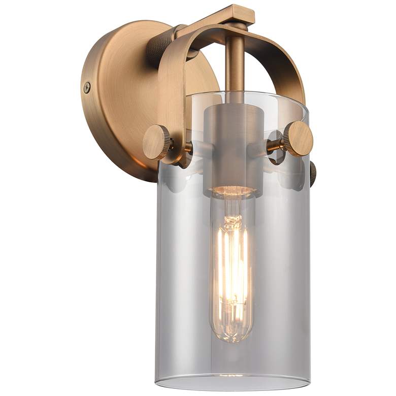 Image 1 Pilaster II Cylinder 10.5" High Brushed Brass Sconce With Smoke Shade