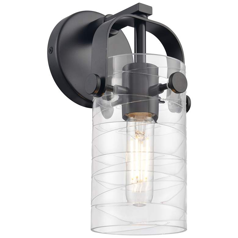 Image 1 Pilaster II Cylinder 10.5" High Matte Black Sconce With Deco Swirl Sha