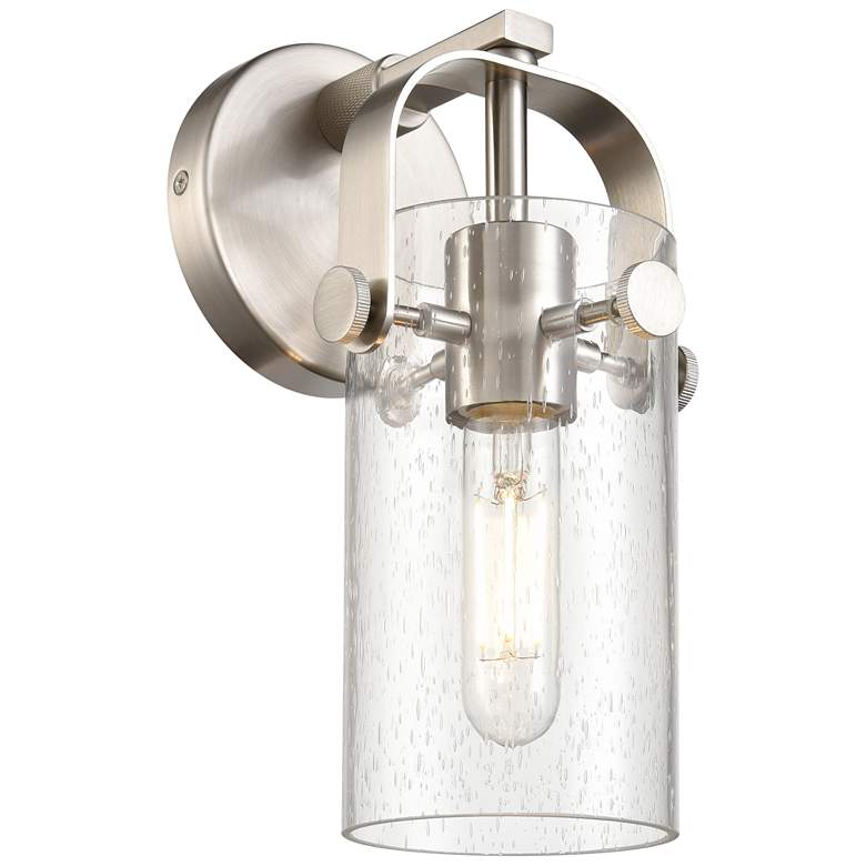 Image 1 Pilaster II Cylinder 10.5" High Satin Nickel Sconce With Seedy Shade