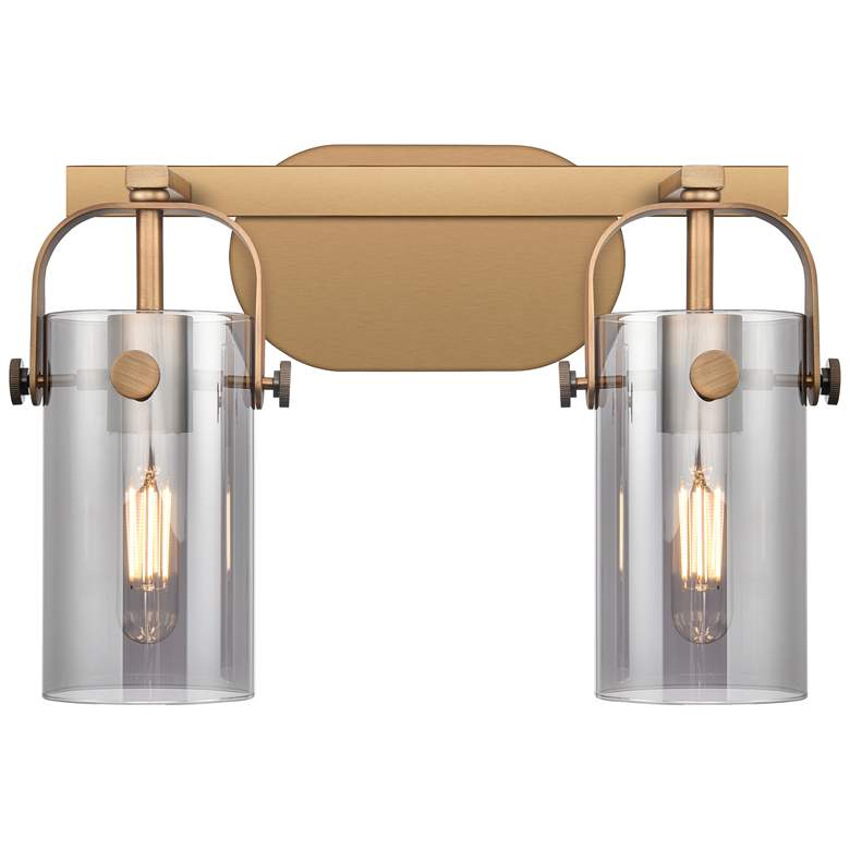 Image 1 Pilaster II Cylinder 15"W 2 Light Brushed Brass Bath Light w/ Smoke Sh