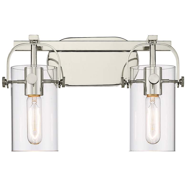 Image 1 Pilaster II Cylinder 15"W 2 Light Polished Nickel Bath Light w/ Clear