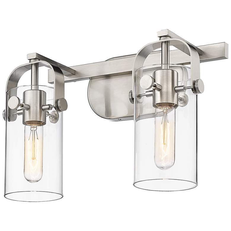 Image 1 Pilaster II Cylinder 15"W 2 Light Satin Nickel Bath Light w/ Clear Sha