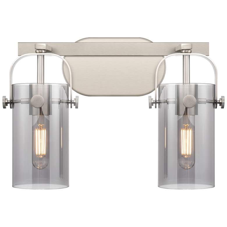 Image 1 Pilaster II Cylinder 15"W 2 Light Satin Nickel Bath Light w/ Smoke Sha