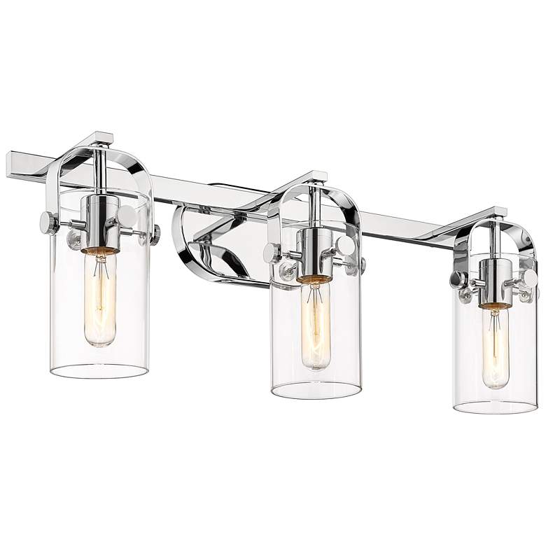 Image 1 Pilaster II Cylinder 25" Wide 3 Light Chrome Bath Light With Clear Sha