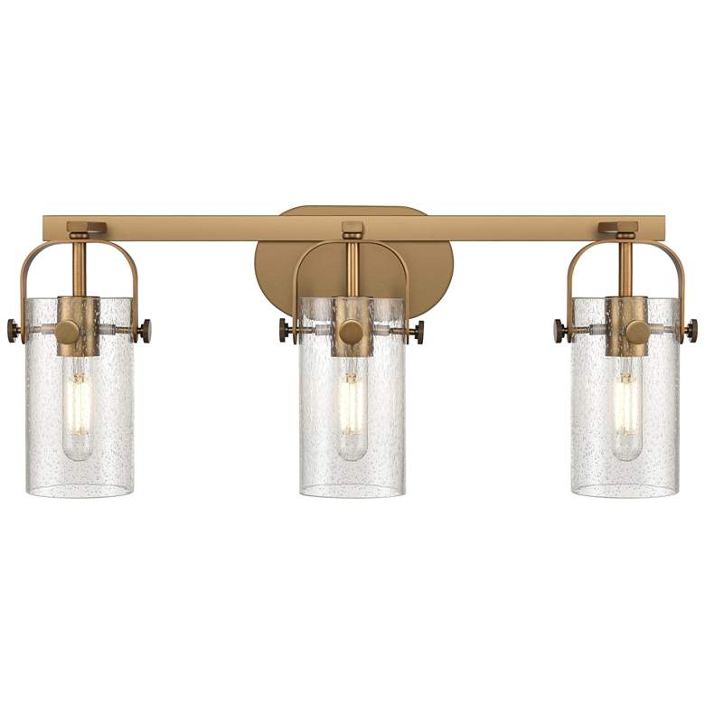 Image 1 Pilaster II Cylinder 25"W 3 Light Brushed Brass Bath Light w/ Seedy Sh