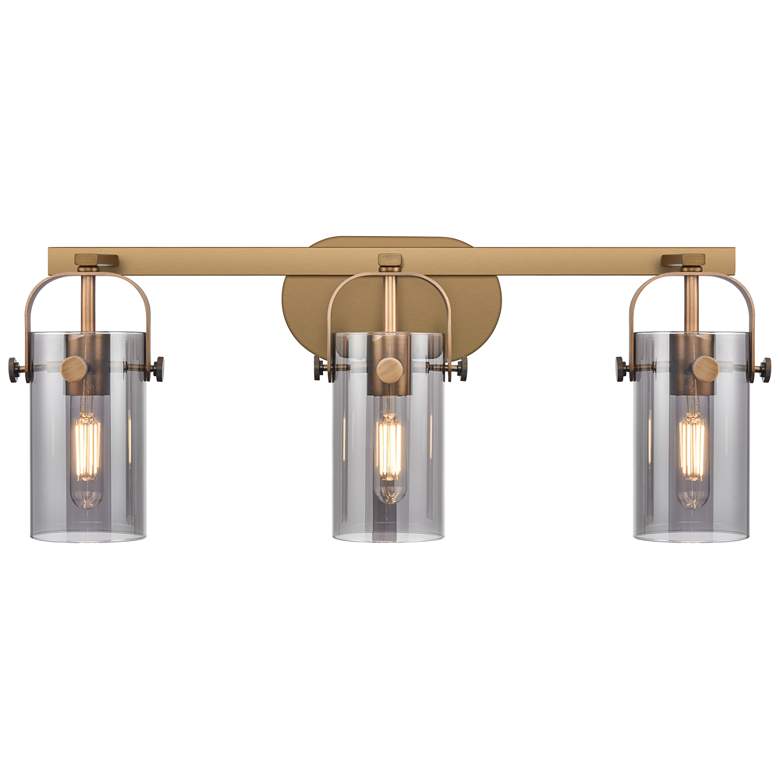 Image 1 Pilaster II Cylinder 25"W 3 Light Brushed Brass Bath Light w/ Smoke Sh