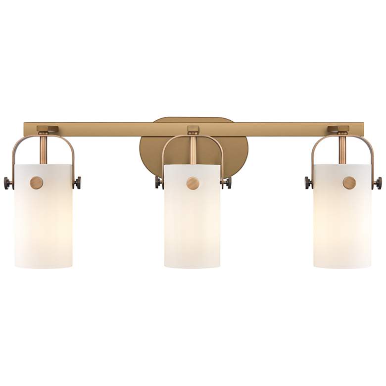 Image 1 Pilaster II Cylinder 25"W 3 Light Brushed Brass Bath Light w/ White Sh