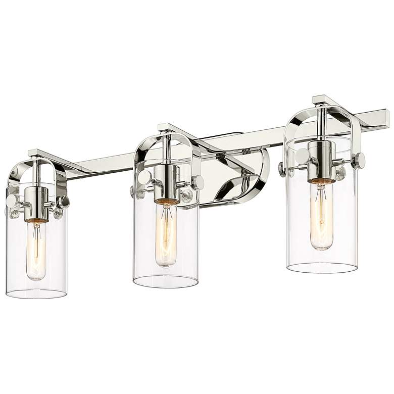 Image 1 Pilaster II Cylinder 25"W 3 Light Polished Nickel Bath Light w/ Clear