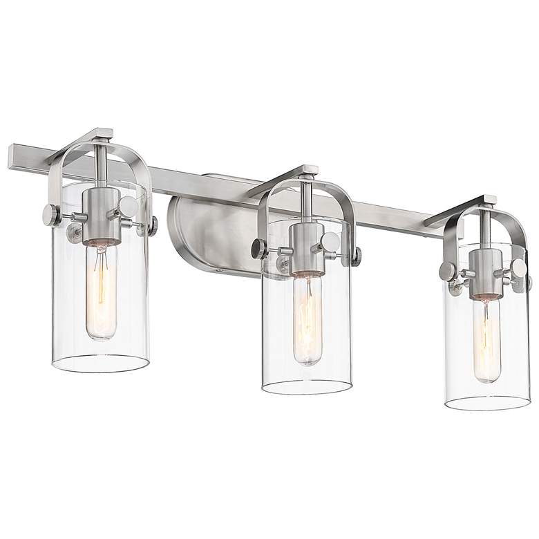 Image 1 Pilaster II Cylinder 25"W 3 Light Satin Nickel Bath Light w/ Clear Sha