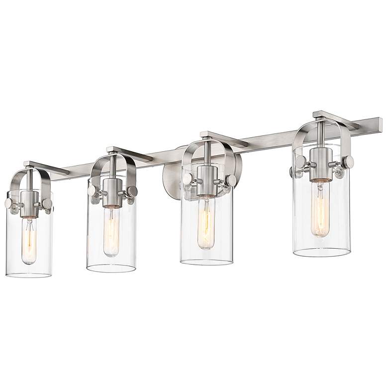 Image 1 Pilaster II Cylinder 35" W 4 Light Satin Nickel Bath Light w/ Clear Sh