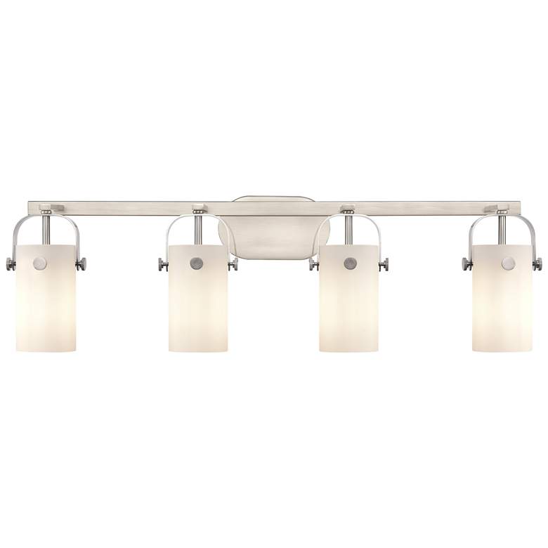 Image 1 Pilaster II Cylinder 35" W 4 Light Satin Nickel Bath Light w/ White Sh