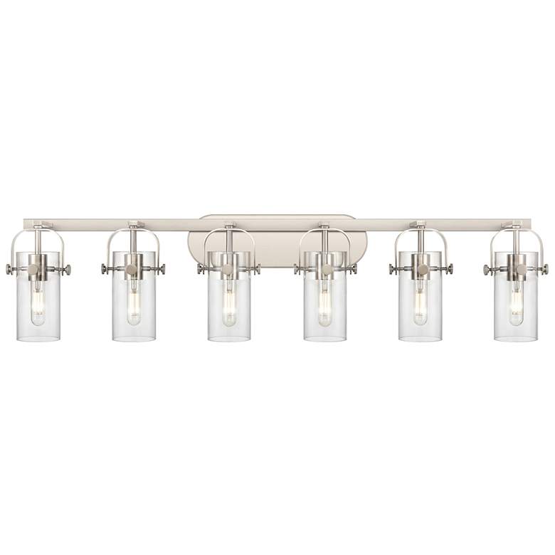 Image 1 Pilaster II Cylinder 43.88"W 6 Light Satin Nickel Bath Light w/ Clear