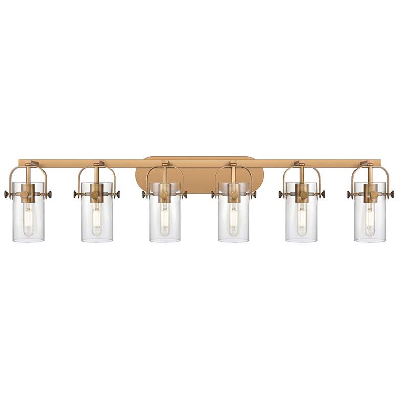 Image 1 Pilaster II Cylinder 43.9"W 6 Light Brushed Brass Bath Light w/ Clear
