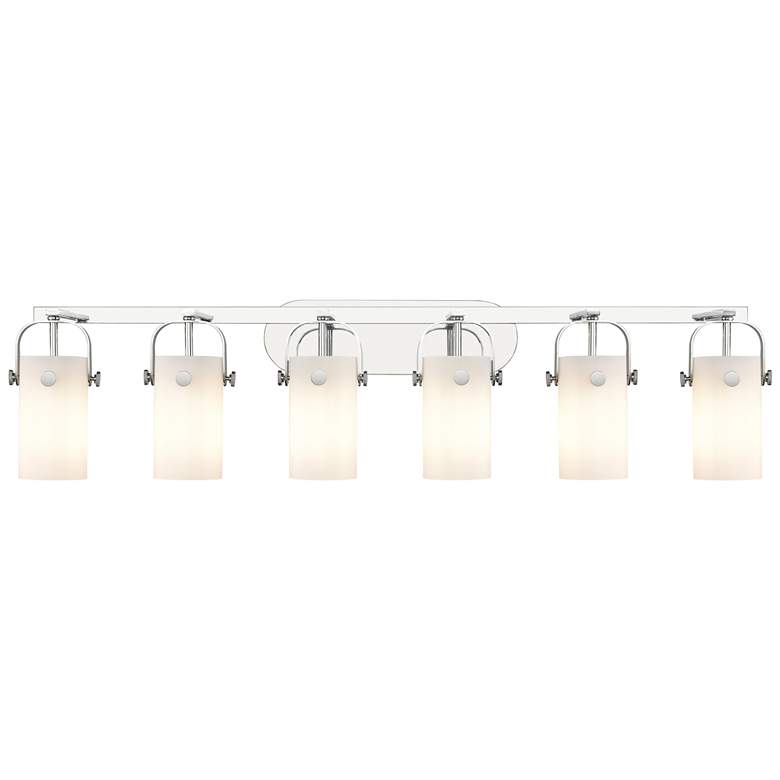 Image 1 Pilaster II Cylinder 44" Wide 6 Light Chrome Bath Light w/ White Shade