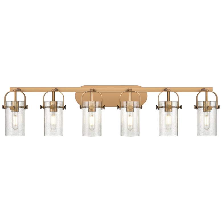 Image 1 Pilaster II Cylinder 44"W 6 Light Brushed Brass Bath Light w/ Seedy Sh
