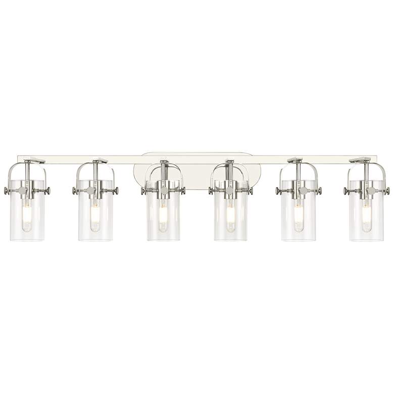 Image 1 Pilaster II Cylinder 44"W 6 Light Polished Nickel Bath Light w/ Clear