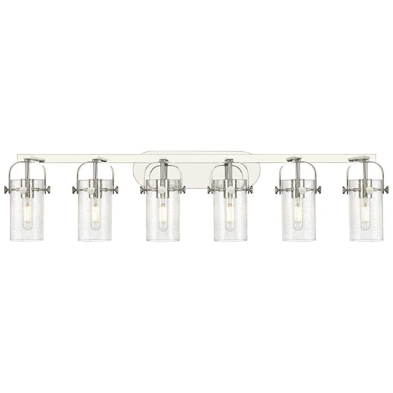 Image 1 Pilaster II Cylinder 44"W 6 Light Polished Nickel Bath Light w/ Seedy