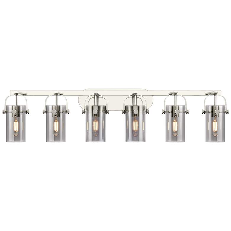 Image 1 Pilaster II Cylinder 44"W 6 Light Polished Nickel Bath Light w/ Smoke